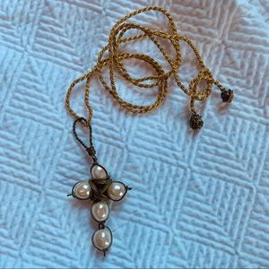 Handmade Vintage Brass & Faux Pearl Cross Pendant